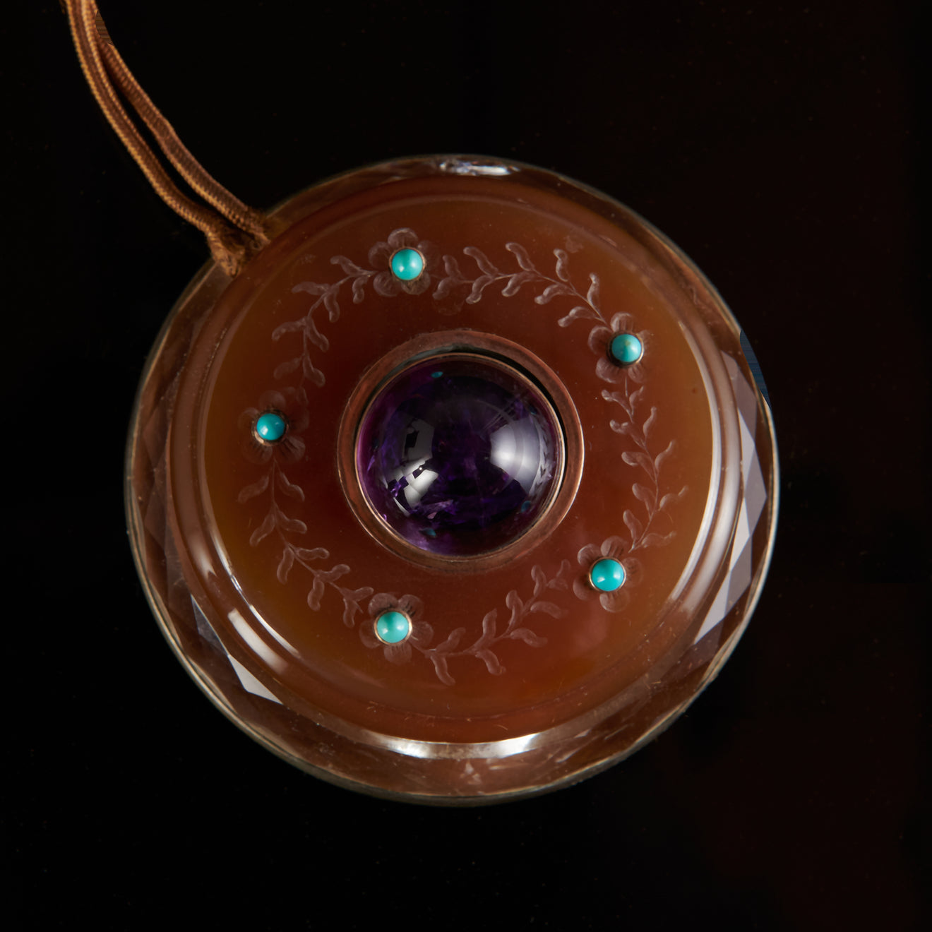 RUSSIAN AMETHYST, CARNELIAN, QUARTZ, TURQUOISE AND GOLD BELL PUSH